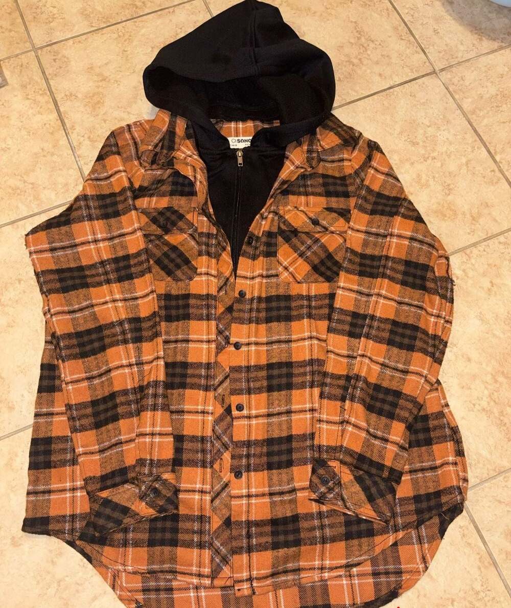CiSono Plaid Collection Orange and Black Flannel Hooded Shirt Jacket
